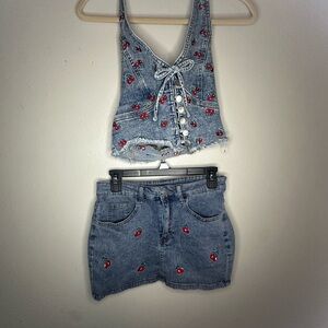 Cherry Embroidered Denim Crop Top & Mini Skirt Set